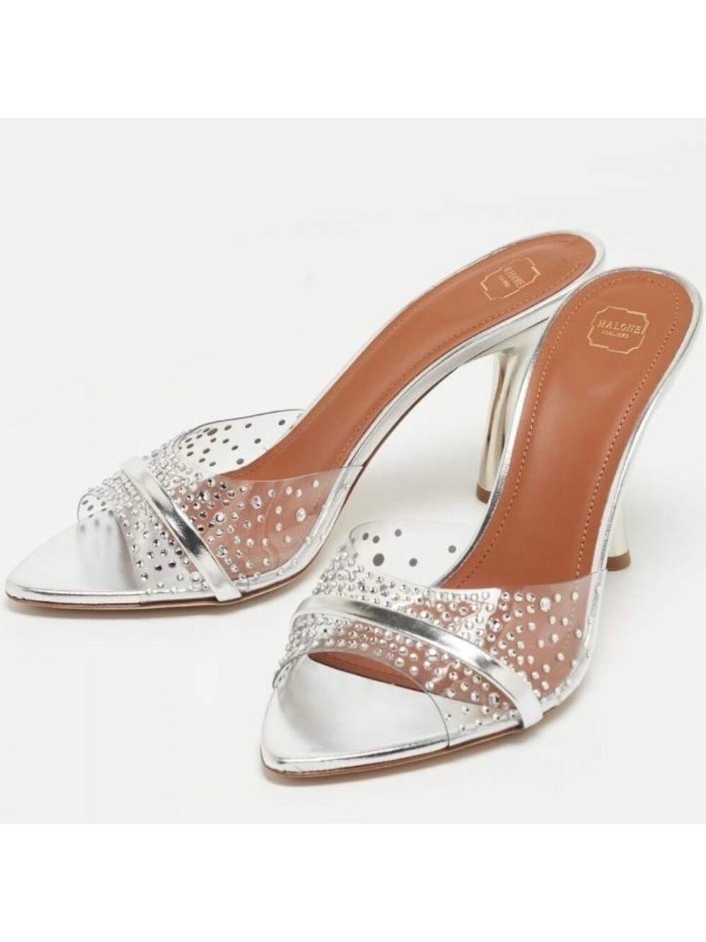 Malone Souliers Julia Embellished High Heel Mules Women's Clear/Silver - NWT